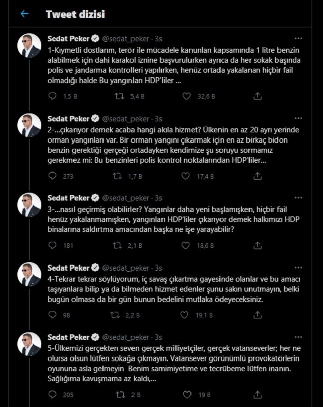 Sedat Peker'den Orman Yangınları İle İlgili Dikkat Çekici Paylaşım!