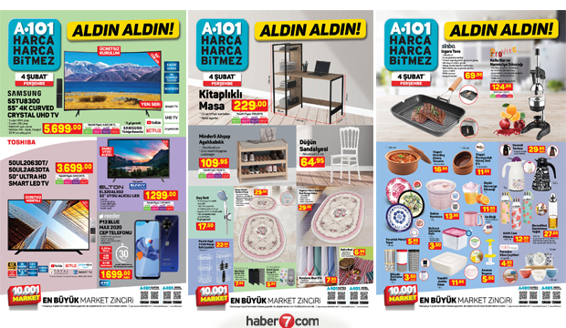 A101 4 Şubat Aktüel Kataloğu! Beyaz eşya, elektronik, mobilya, dokumacılık ve besin eserlerinde...