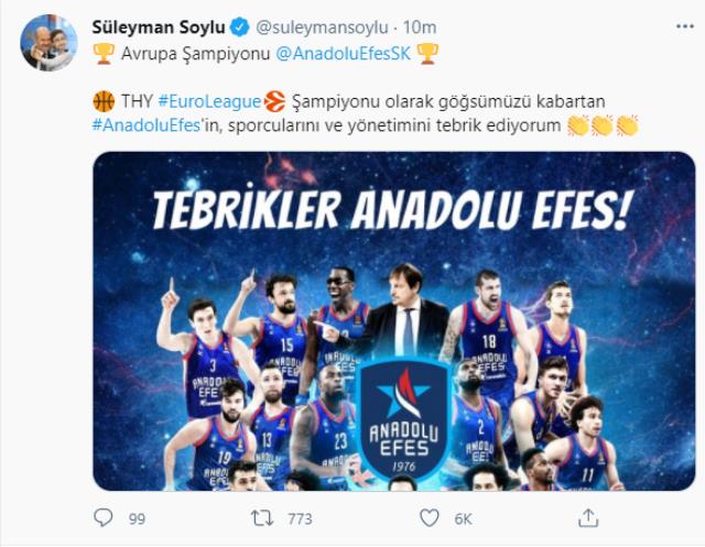 EuroLegue şampiyonu Anadolu Efes'e siyasilerden tebrik mesajı yağdı