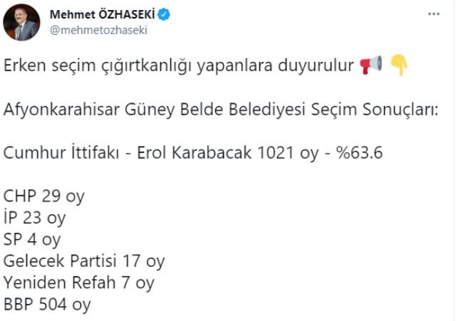 Mehmet Özhaseki'den Güney'deki Seçim Zaferinin Hemen Ardından "Erken Seçim Çığırtkanlığı Yapanlara Duyurulur" Paylaşımı!