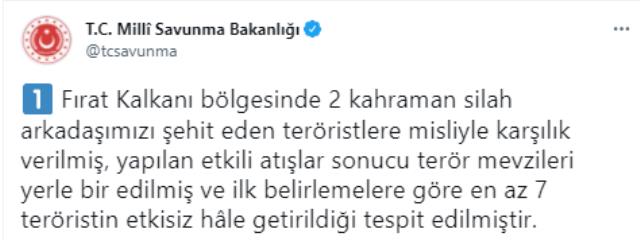 Son Dakika! Fırat Kalkanı bölgesinde 2 askerimizi şehit eden teröristlerden 7'si etkisiz hale getirildi
