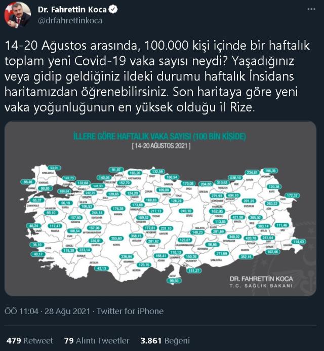 İllere göre 14-20 Ağustos haftalık vaka sayıları tablosu açıklandı