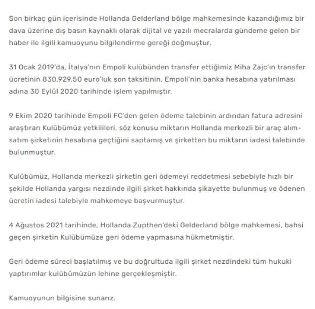 F.Bahçe resmen dolandırılmış! Hollandalı şirket Zajc'ın parasını basit bir hileyle cebe indirmiş