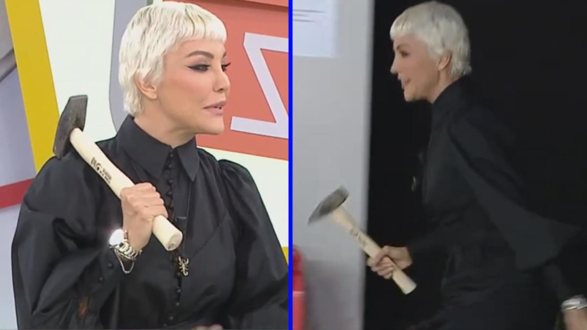 Beyaz TV&#039;deki camları kırdığı söylenen Deniz Akkaya, canlı yayına çekiçle çıktı