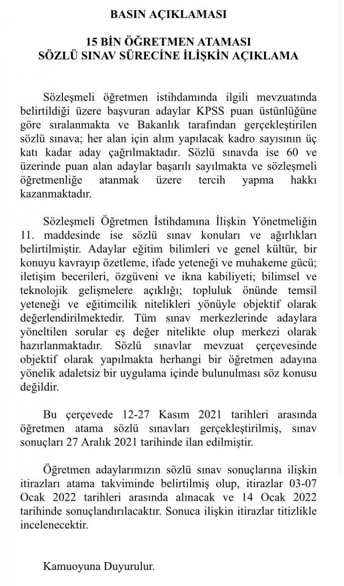 MEB'den mülakat sonucu itirazlarına ilişkin açıklama