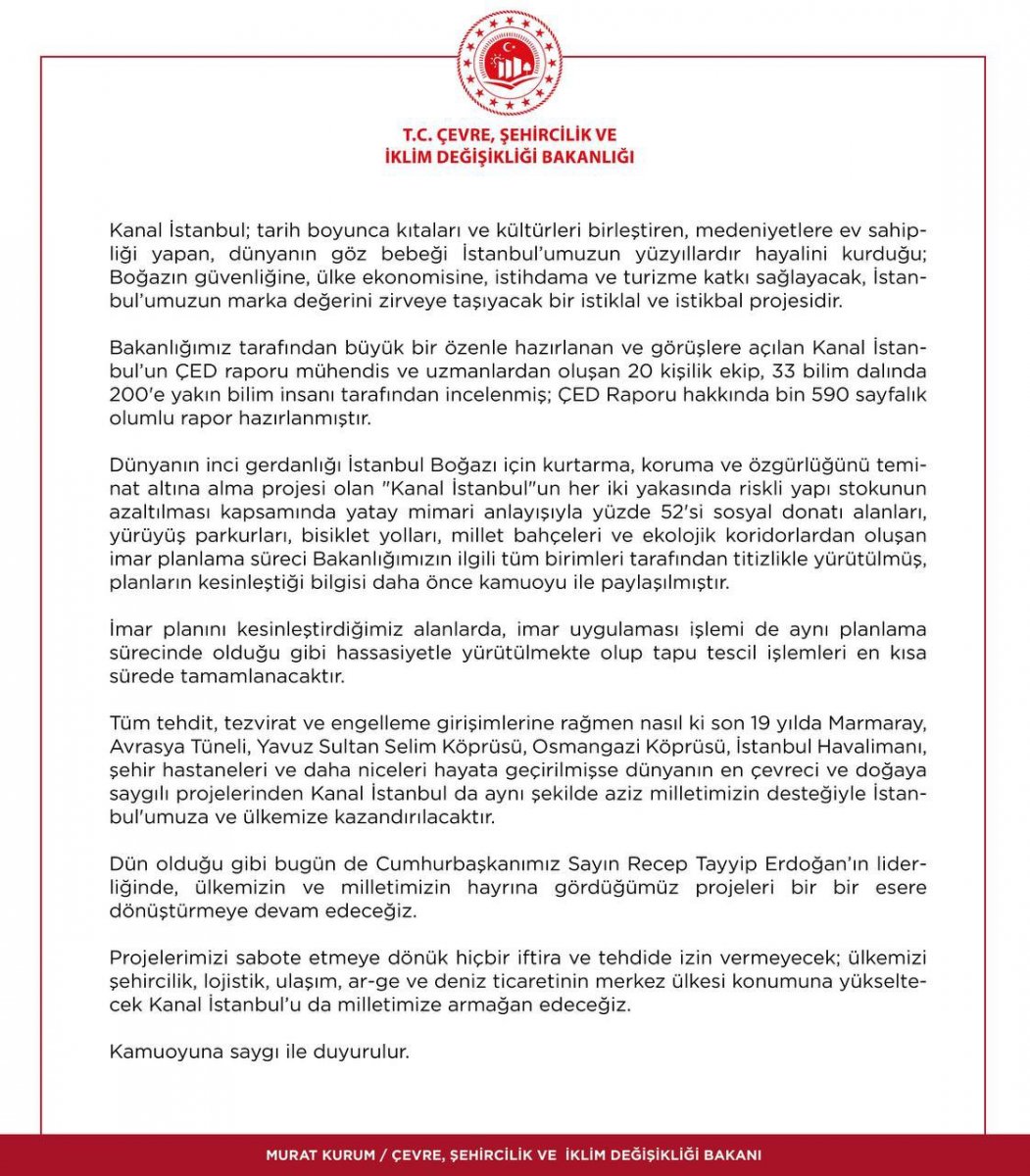 Murat Kurum: Tüm engellemelere rağmen Kanal İstanbul hayata geçirilecek