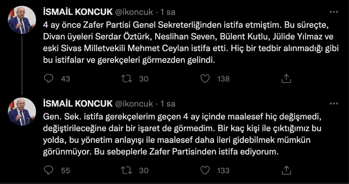 Adana Milletvekili İsmail Koncuk, Zafer Partisi’nden istifa etti