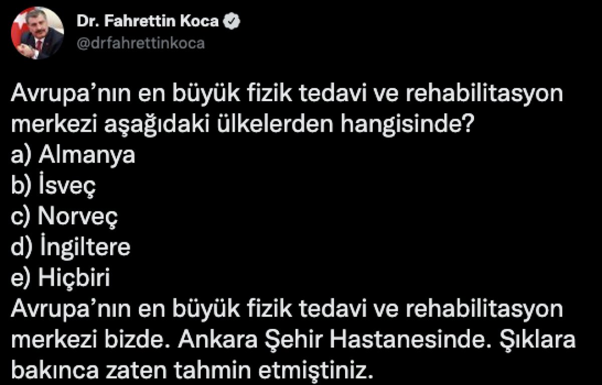 Fahrettin Koca'dan Avrupa'nın en büyük fizik tedavi hastanesi paylaşımı