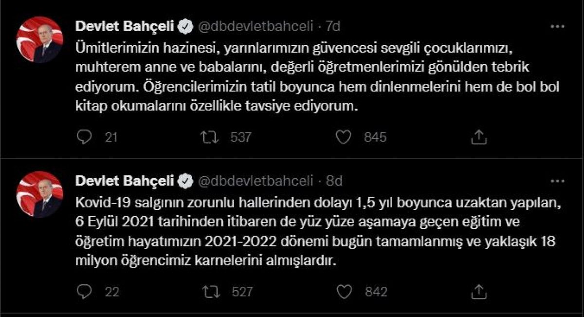 Devlet Bahçeli'den karne mesajı