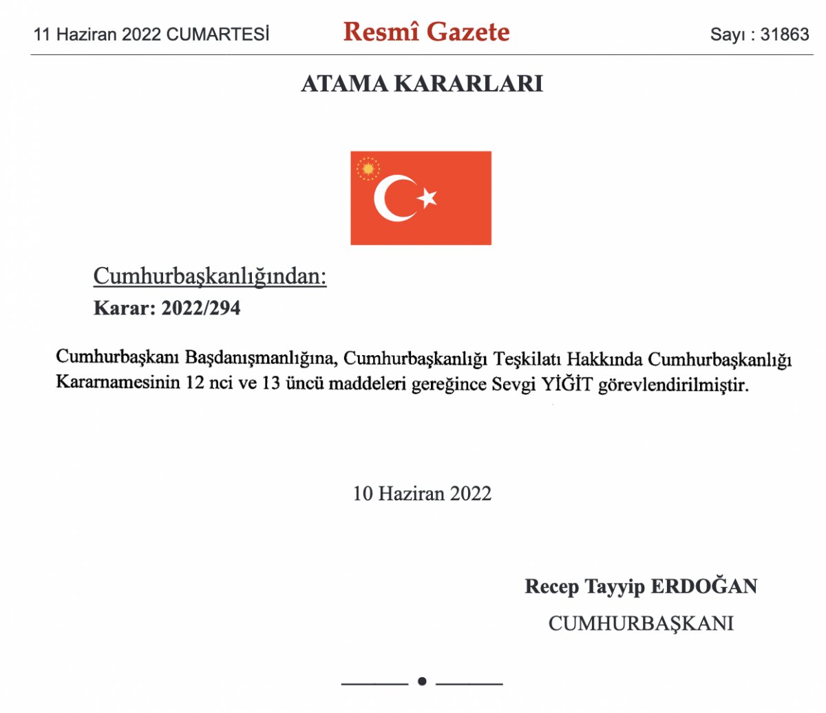 Sevgi Yiğit Cumhurbaşkanı Başdanışmanı oldu