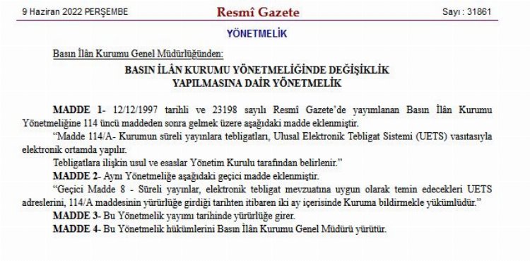 Süreli yayınlar UETS adreslerini BİK'e bildirecek