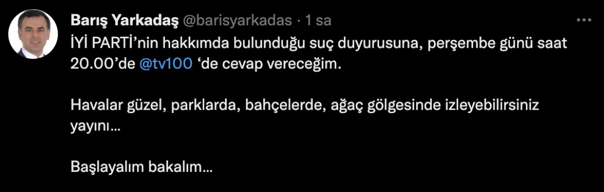 Barış Yarkadaş, İyi Parti'ye canlı yayında cevap verecek