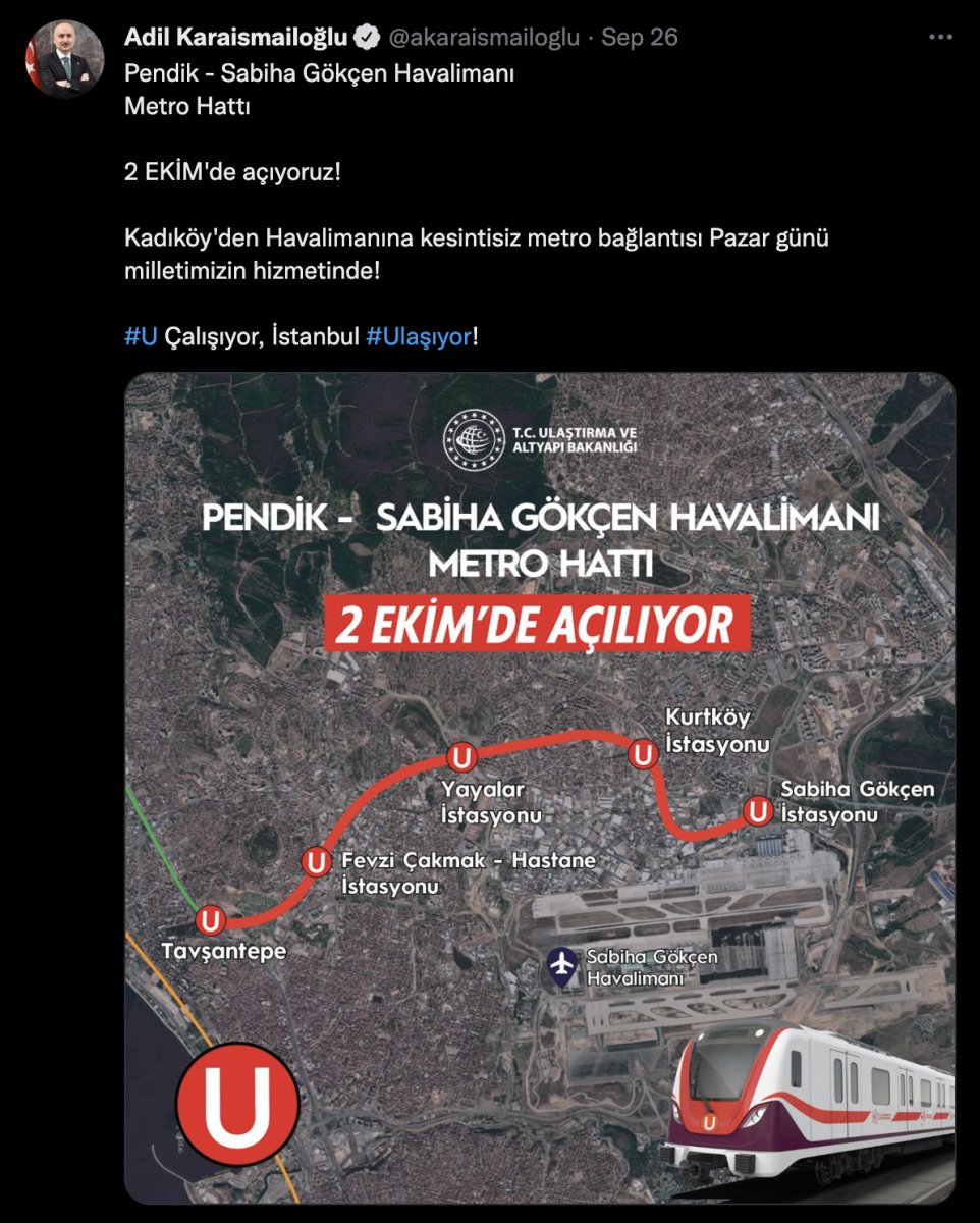 Pendik-Sabiha Gökçen Havalimanı metrosu 2 Ekim'de açılacak