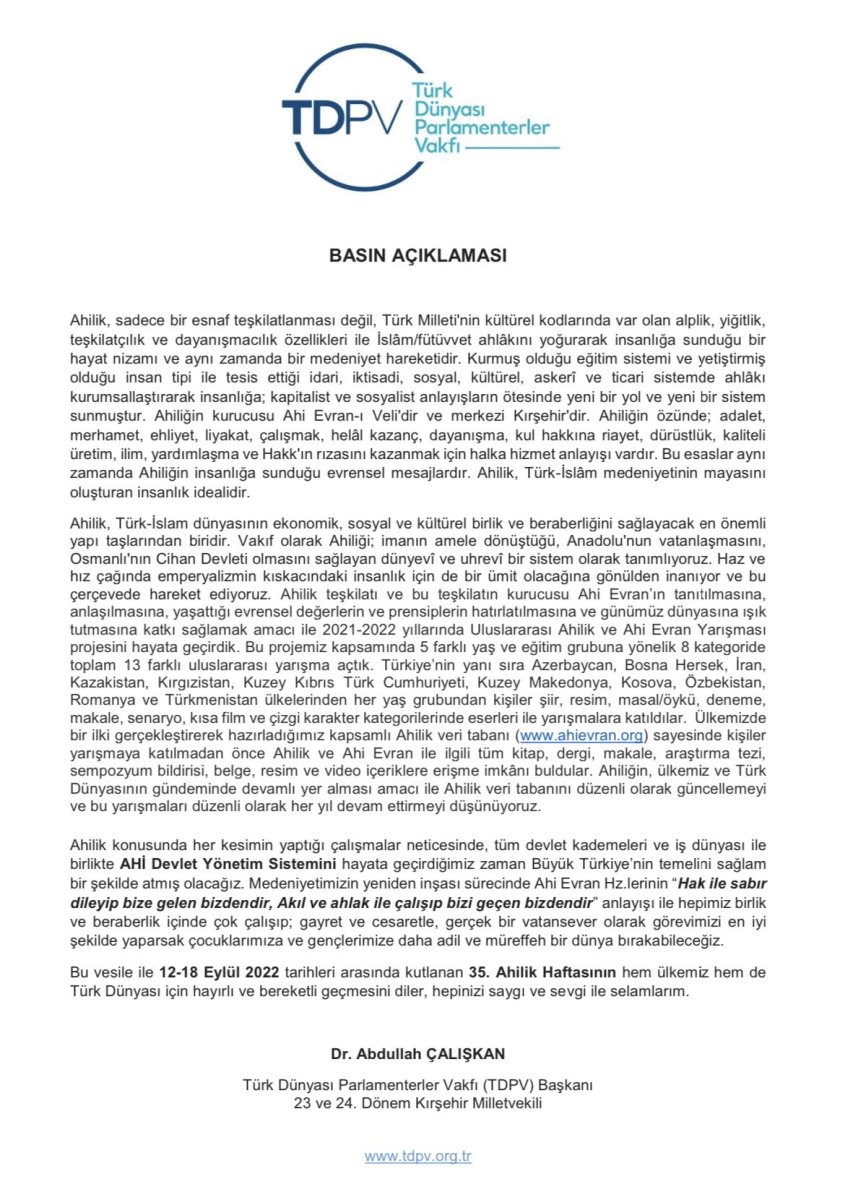 TDPV Başkanı Abdullah Çalışkan, ahilik haftasını kutladı