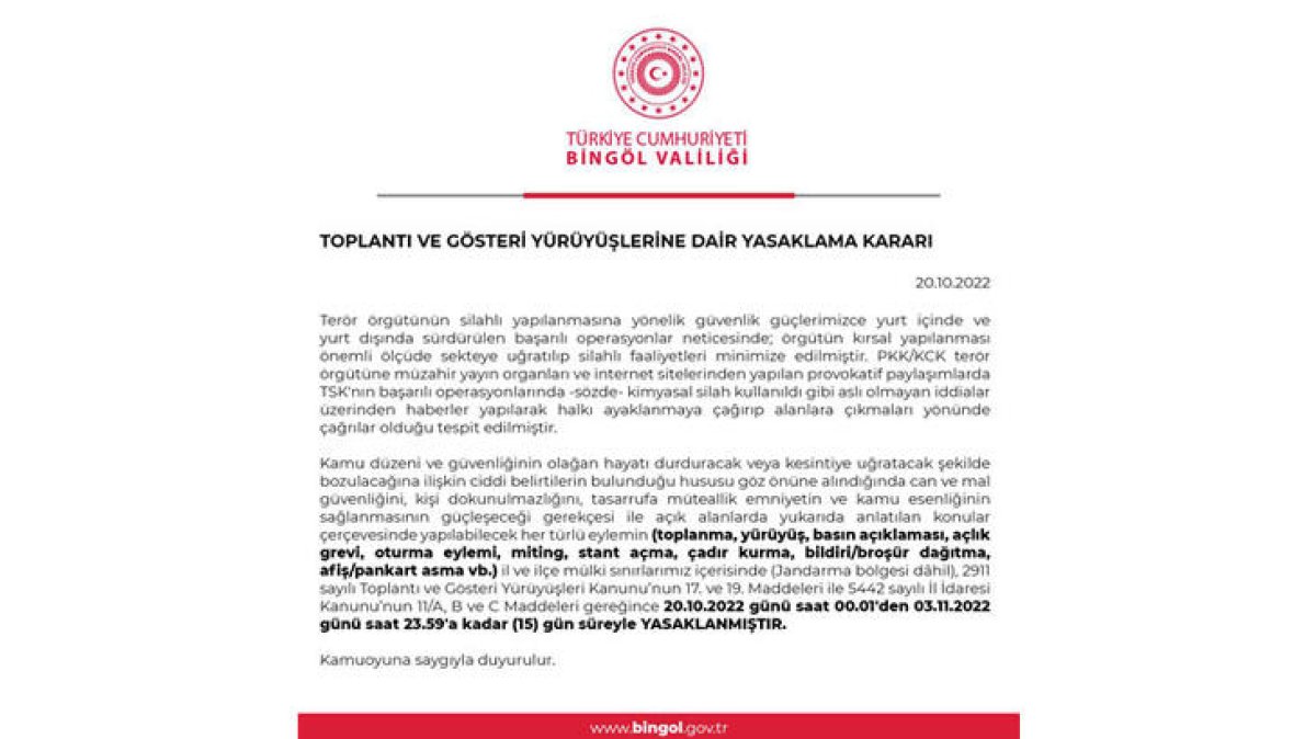 Bingöl'de, 15 günlük eylem yasağı getirildi