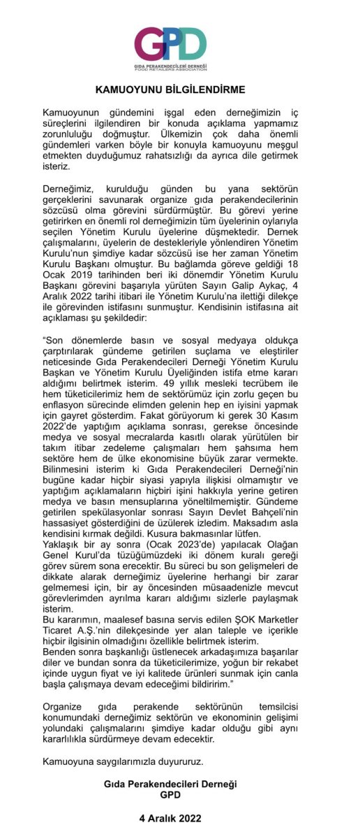 Galip Aykaç, Gıda Perakendecileri Derneği Başkanlığı'ndan istifa etti