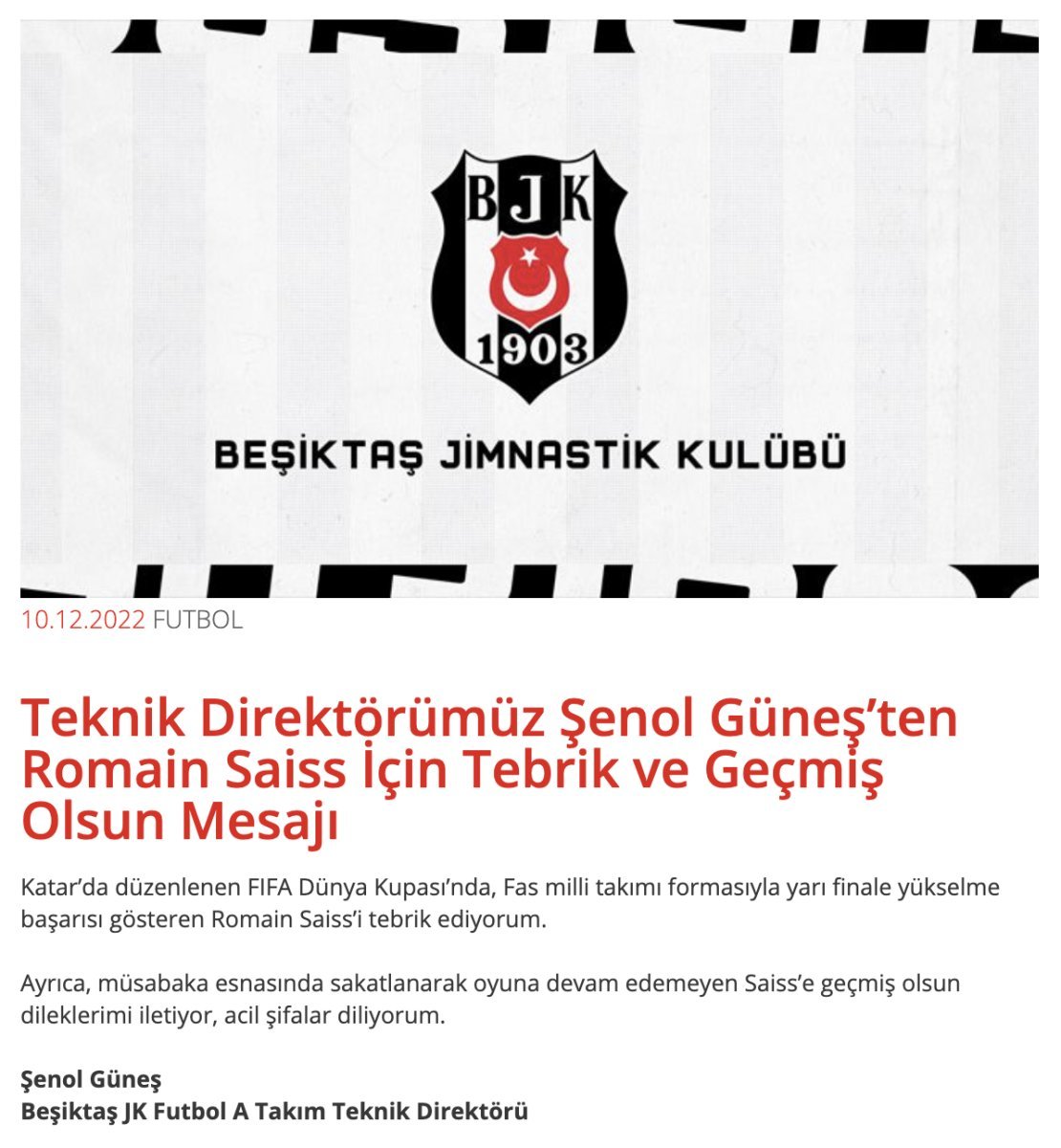 Şenol Güneş'ten Saiss'e geçmiş olsun ve tebrik mesajı