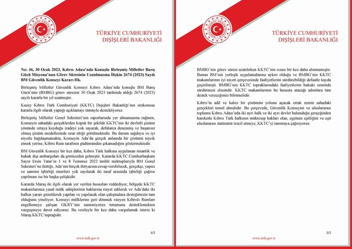 Dışişleri Bakanlığı'ndan BM'ye KKTC tepkisi