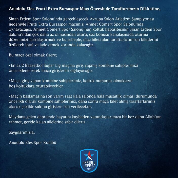 Anadolu Efes - Bursaspor maçının salonu değişti