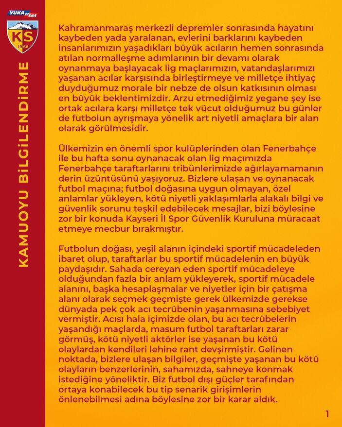 Kayserispor'dan Fenerbahçe maçı açıklaması