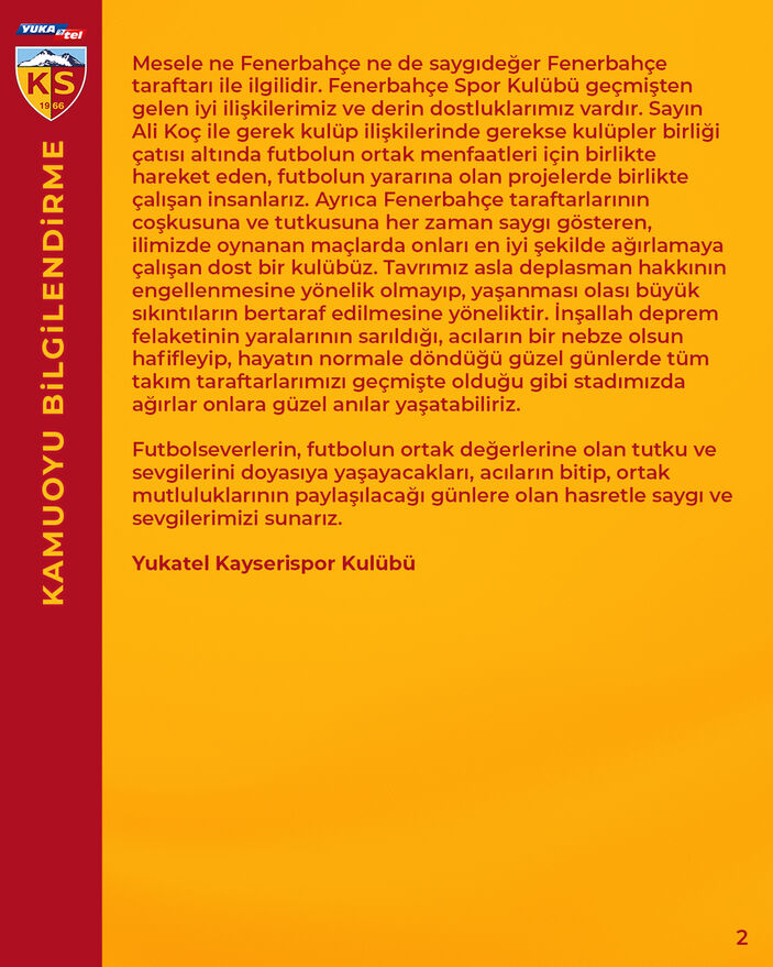 Kayserispor'dan Fenerbahçe maçı açıklaması