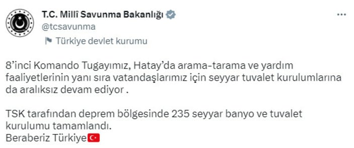 Mehmetçik deprem bölgesinde 235 seyyar banyo ve tuvalet kurulumu gerçekleştirdi