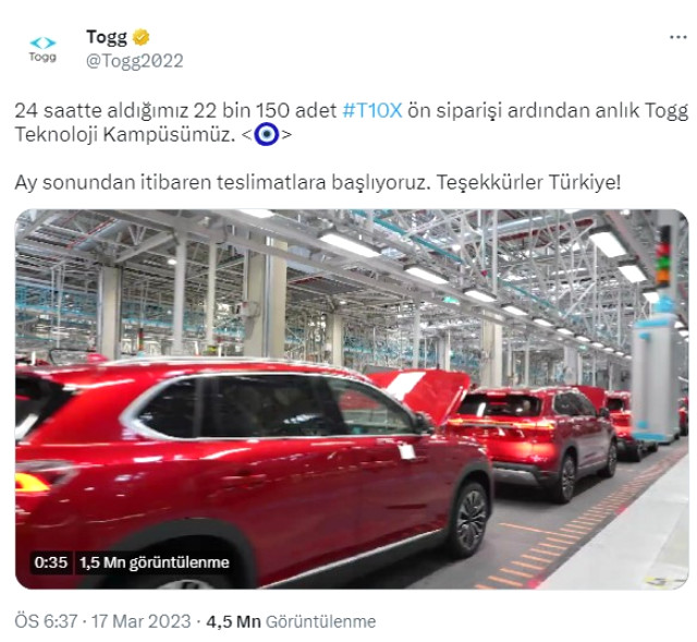 Adeta talep patlaması yaşanan Togg'da teslimatlar ay sonunda başlıyor