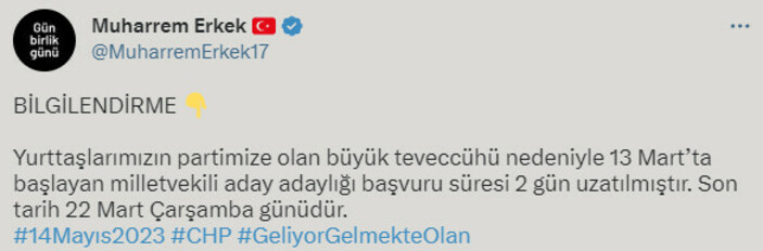 CHP'de milletvekili aday adaylığı başvurularında son tarih 22 Mart oldu
