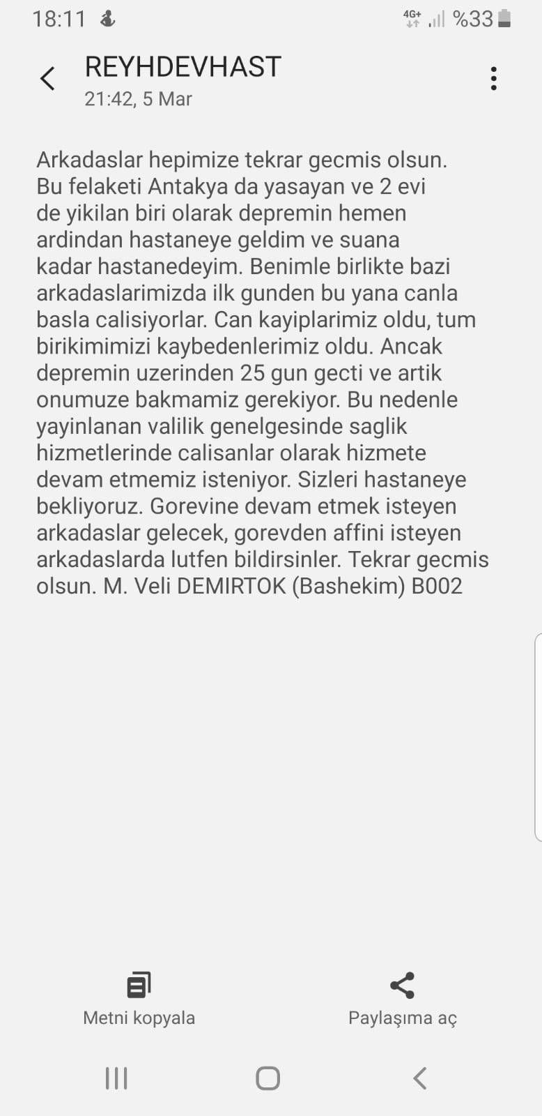 Depremzede Sağlık Çalışanlarına ‘Görevden Affını İsteyen Bildirsin’ Mesajı!