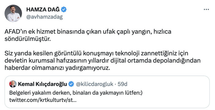 Hamza Dağ'dan Kemal Kılıçdaroğlu'na AFAD tepkisi: Devletin hafızası yıllardır dijital ortamda