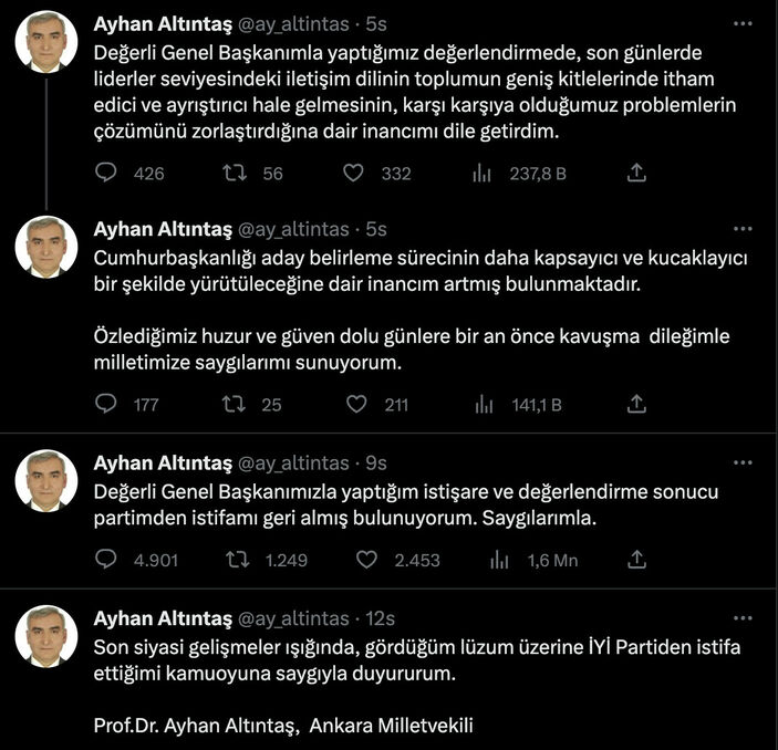 İyi Partili Ayhan Altıntaş'ın istifası 3 saat sürdü