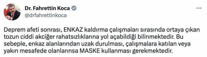 Sağlık Bakanı Fahrettin Koca'dan deprem bölgesine maske uyarısı