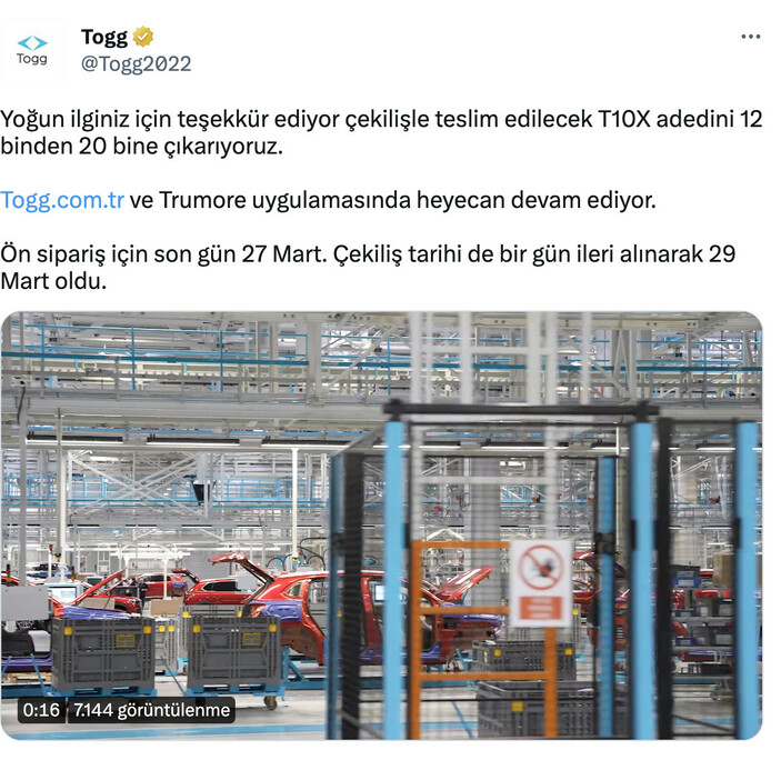 TOGG araç sayısını artırdı! T10X adedi 12 binden 20 bine çıkarıldı