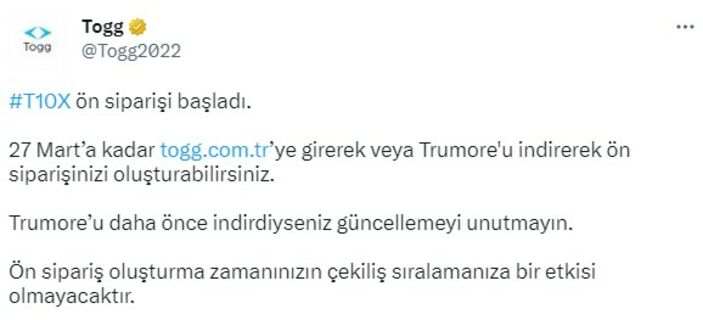 Togg'un ön siparişi başladı
