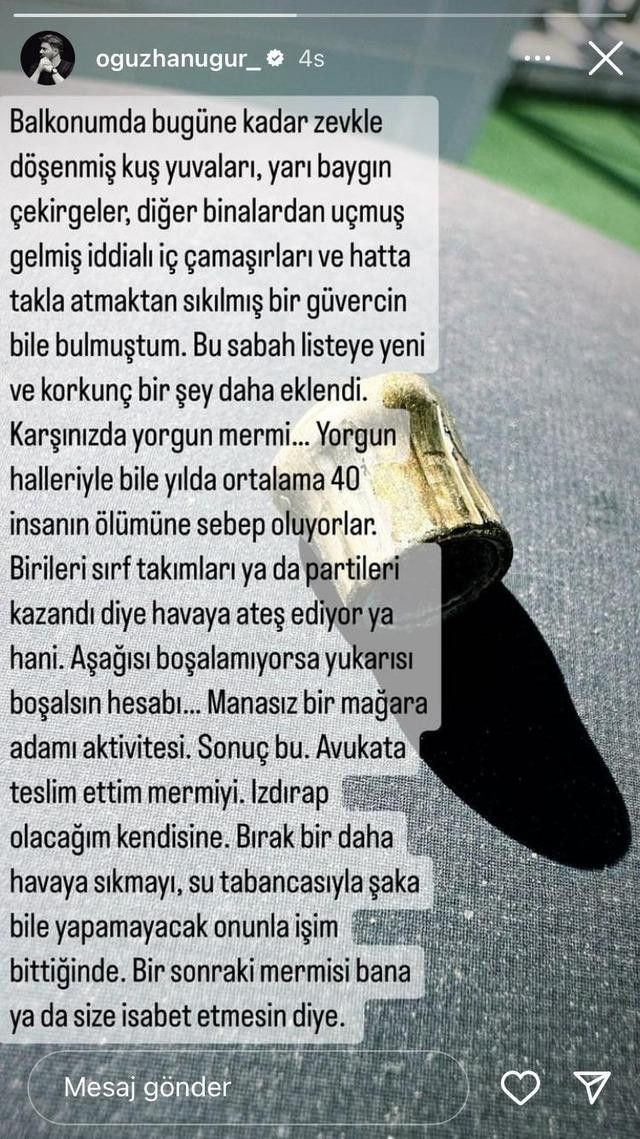 Oğuzhan Uğur balkonunda yorgun mermi buldu: 'Manasız bir mağara adamı aktivitesi'