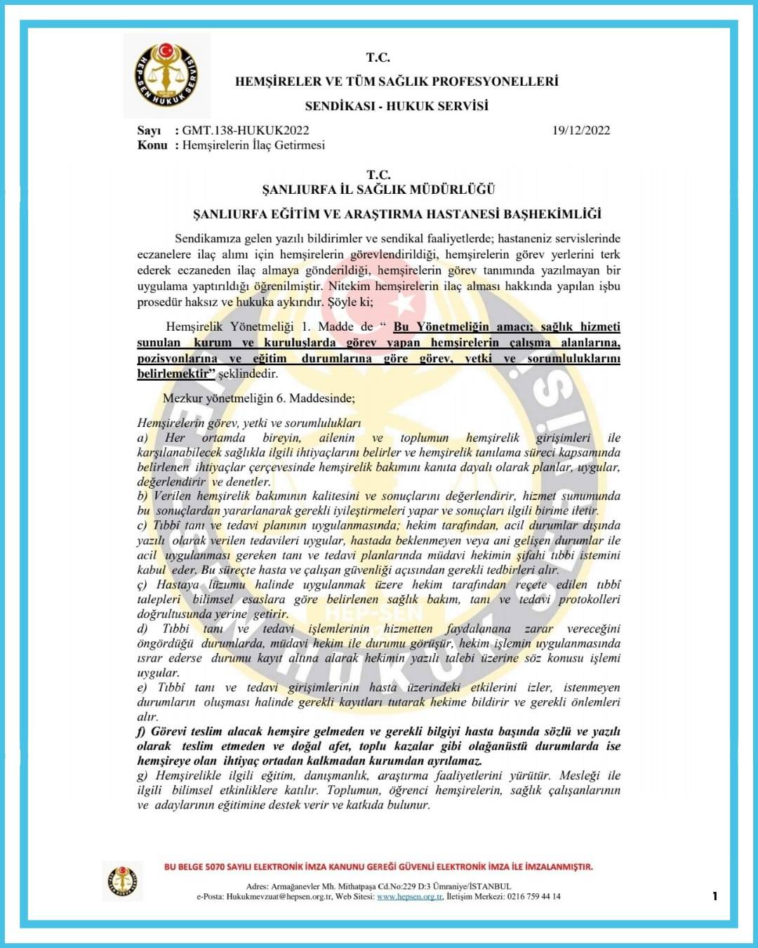 Şanlıurfa EAH’ta Hemşirelere Eczaneden ‘İlaç Getir Götürü’ Yaptırılamayacak!