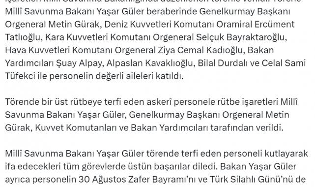 Türk Silahlı Kuvvetlerinde terfi eden personelin rütbe işaretleri törenle verildi