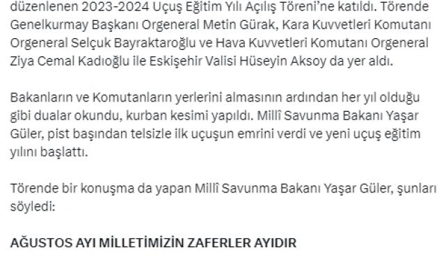 Bakan Güler, 2023-2024 Uçuş Eğitim Yılı Açılış Töreni’ne katıldı