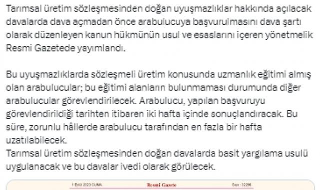 Tarımsal üretim sözleşmesinden doğan hukuk uyuşmazlıklarında zorunlu arabuluculuk başladı