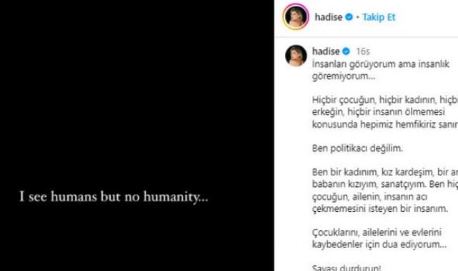 Hadise'den İsrail-Hamas paylaşımı