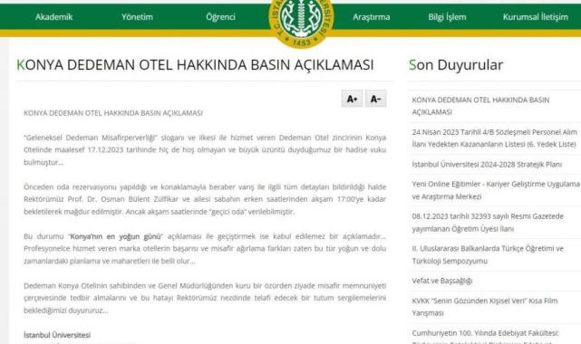 İstanbul Üniversitesi Rektörü Zülfikar, otelde sıra bekleyince üniversite sayfasından açıklama yaptırdı