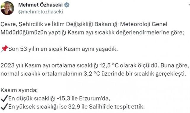 Mehmet Özhaseki: Son 53 yılın en sıcak kasım ayını yaşadık