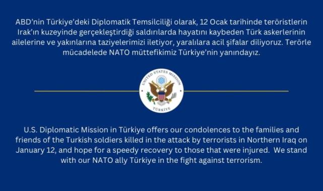 ABD Ankara Büyükelçiliği'nden Türkiye'ye taziye mesajı: Terörle mücadelede yanınızdayız