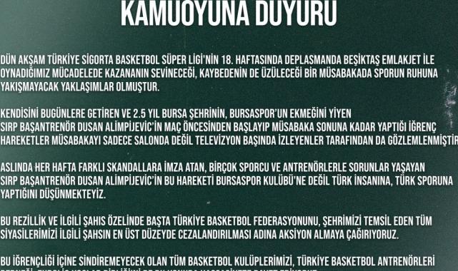 Bursaspor'dan Dusan Alimpijevic'e sert ifadeler