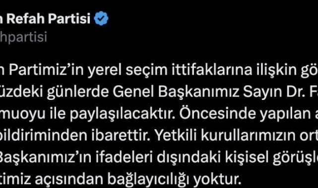 Yeniden Refah Partisi'nden yerel seçim ittifakı açıklaması
