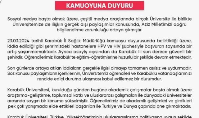 Karabük Üniversitesi Rektörlüğü’nden HIV paylaşımlarıyla ilgili açıklama geldi