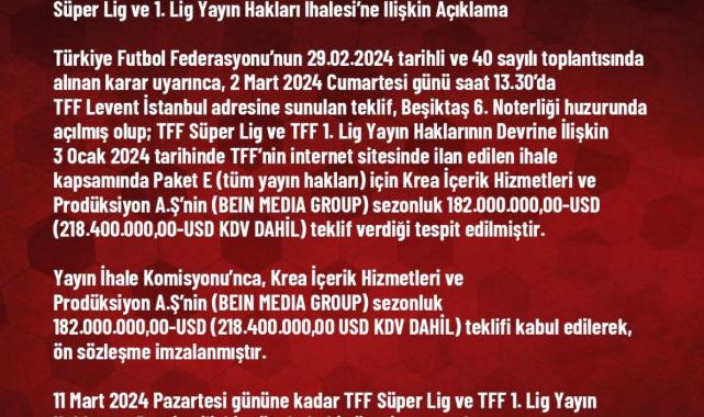 TFF yayın ihalesini yeniden BEIN MEDIA GROUP'a verdi