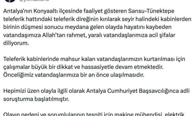 Antalya'daki teleferik kazası için soruşturma başlatıldı