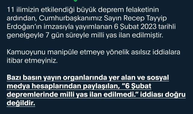 "6 Şubat depremlerinde milli yas ilan edilmedi" iddiası yalanlandı