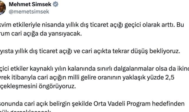 Mehmet Şimşek: Mayısta yıllık dış ticaret açığı ve cari açıkta tekrar düşüş bekliyoruz